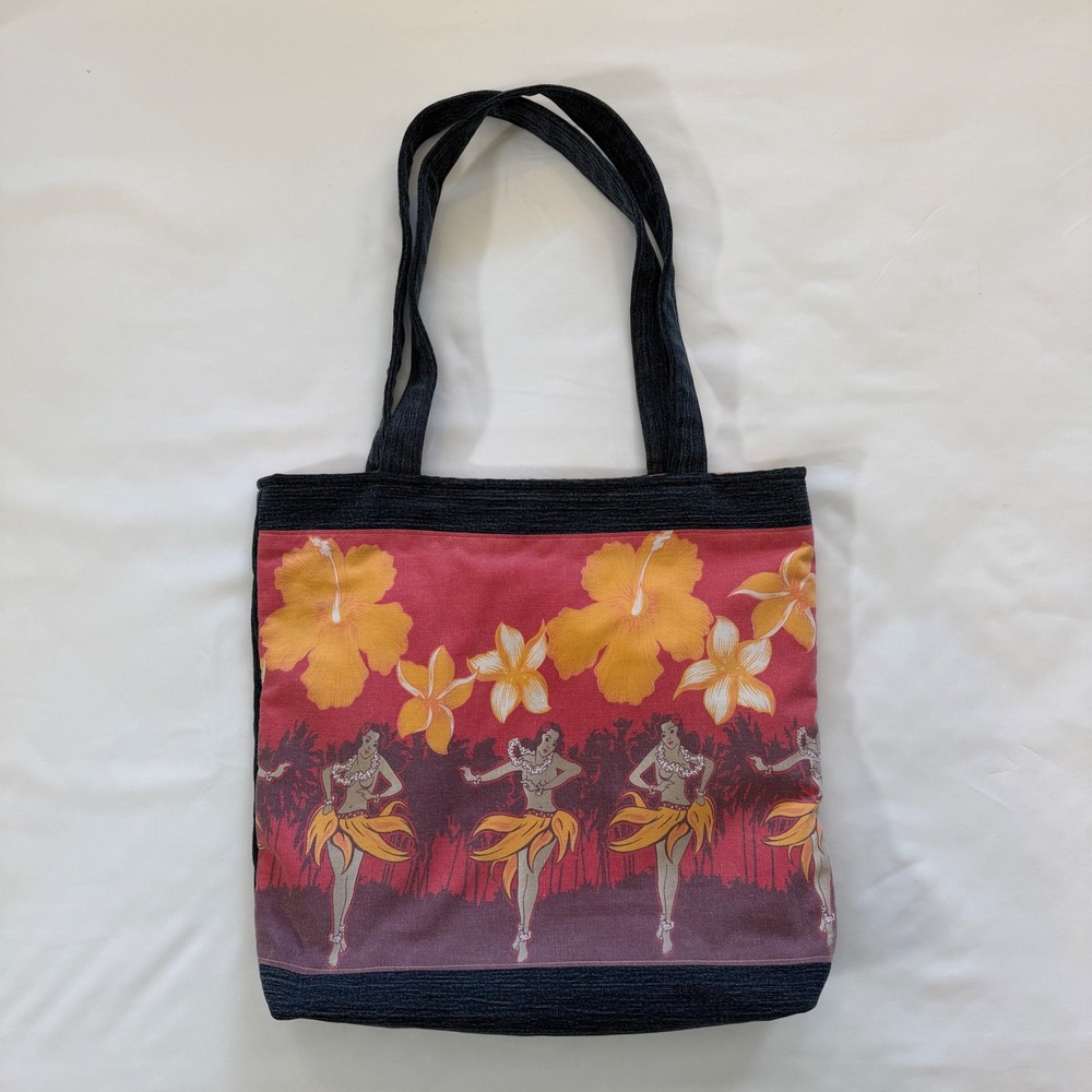 Denim Tote Bag Hawaiian Hula‎ Girl Hibiscus Floral Tropical Handmade Upcycled